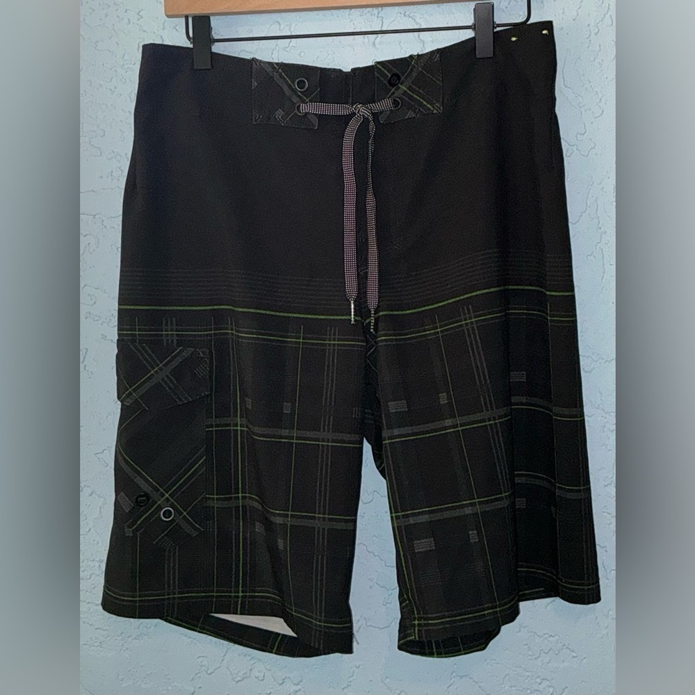 Men's Ocean Current  Plaid Black and Green Board Shorts